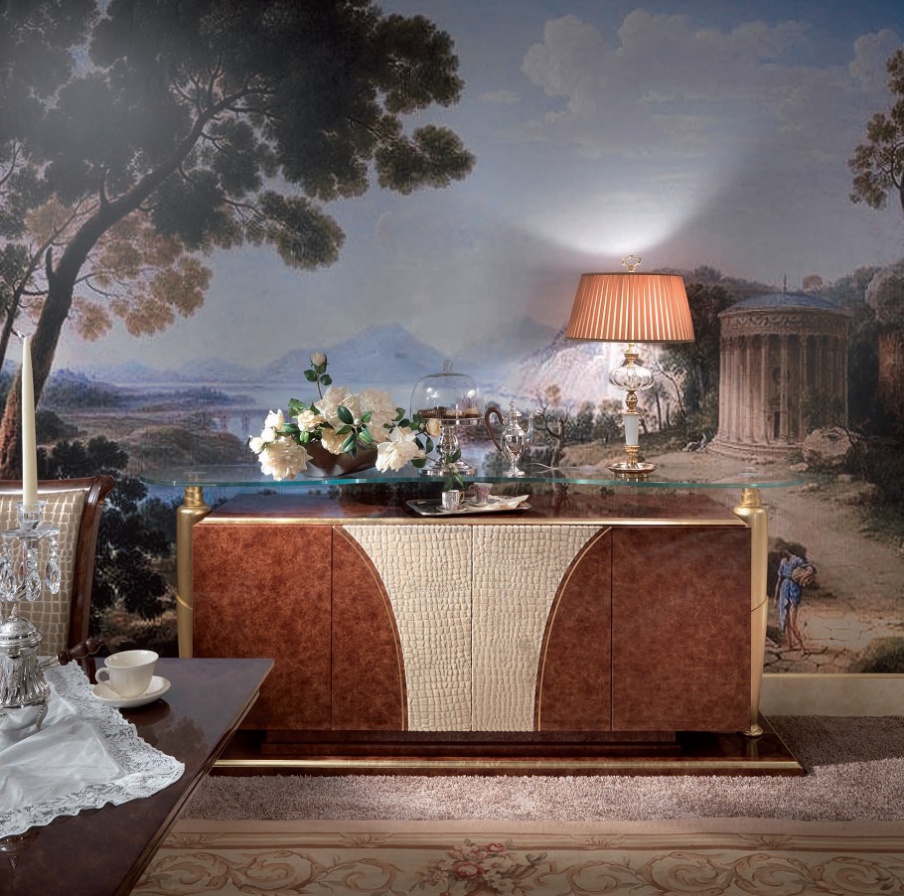 Sideboard in solid wood and decor from the skin of The Palm, Turri