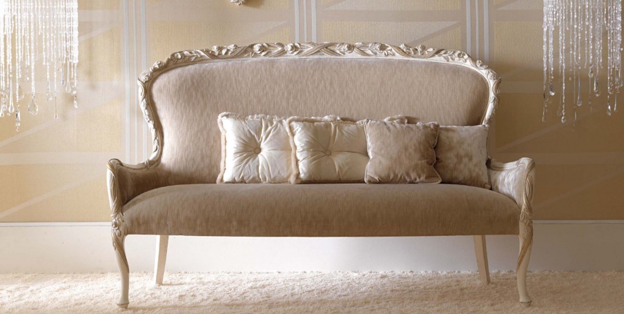 Two-seater sofa on carved legs in the soft upholstery Ambiente Notte, Savio Firmino