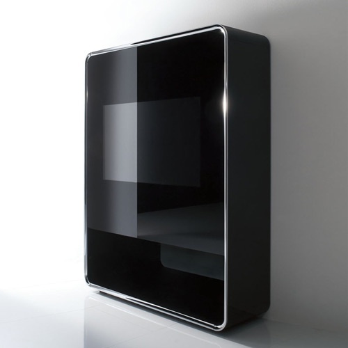 Cabinet for audio-video equipment with a frame made of bent wood and a facade made of tempered glass Lyneus Audio-Video, Acerbis International 