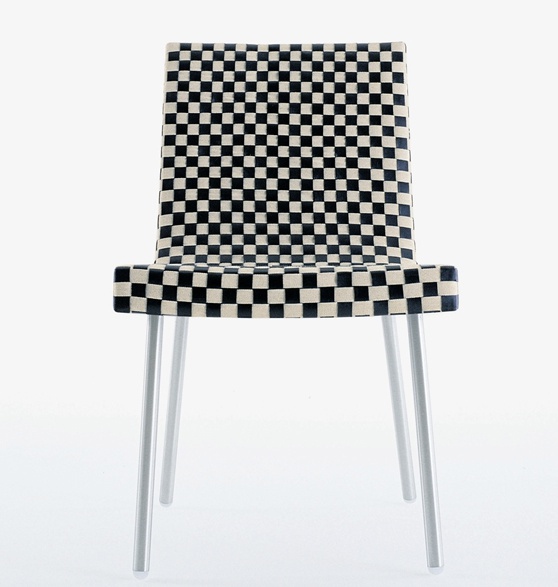 Chair on wooden frame entwined with ribbons of leather and linen Opera, Bonacina Pierantonio