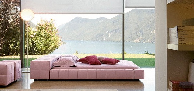 Double bed in wooden frame upholstered with leather or cloth isola alta, squaring trait, Bonaldo