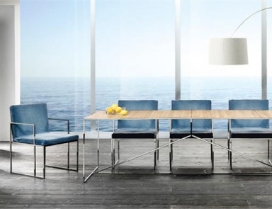 Dining table with frame in chromed metal and top made of wood or glass Glenn, Rattan Wood 