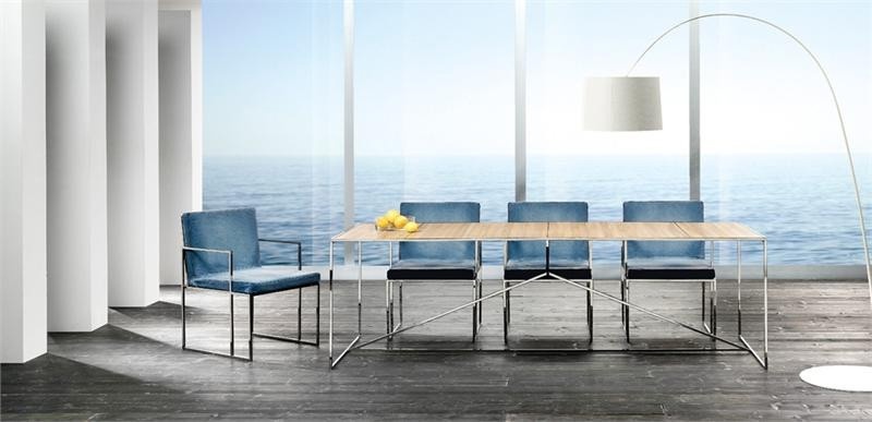 Dining table with frame in chromed metal and top made of wood or glass Glenn, Rattan Wood 