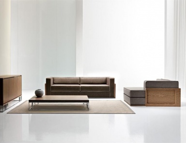 Sofa with frame in wood and metal and upholstered in textile fabrics Miles, Rattan Wood