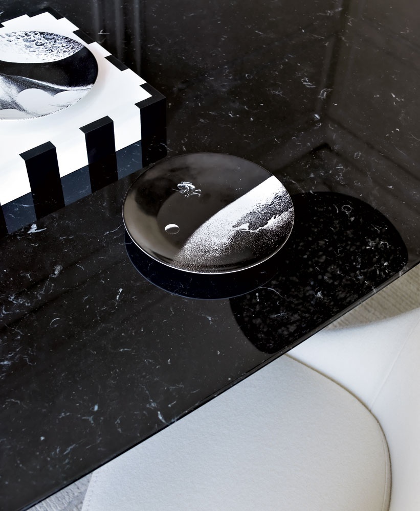 Dining table on chrome steel frame with marble top or MDF Pathos, B&B Italia 