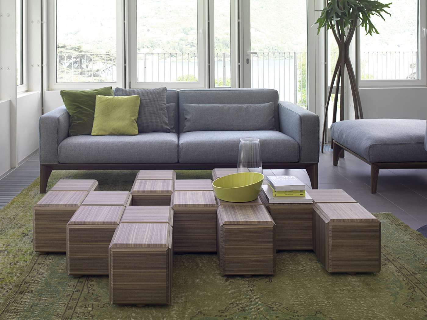 Block modular coffee table in walnut veneer cubic shape, Porada