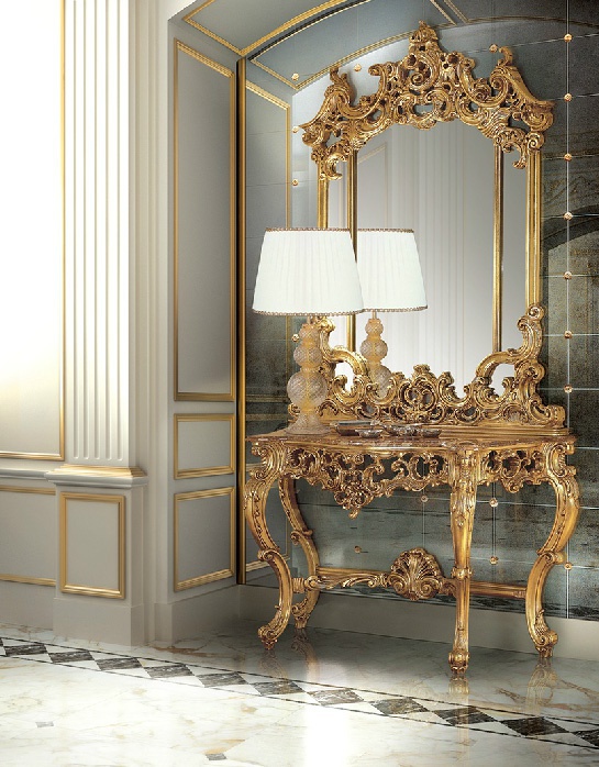 Console with marble top and mirror in carved frame by Angelo Cappellini