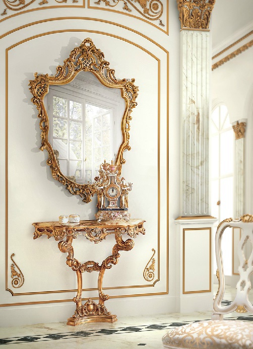 Console with a marble top and a mirror in carved frame by Angelo Cappellini