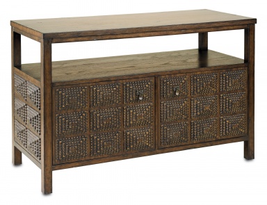 The pedestal Tramp Art TV console, Currey & Company