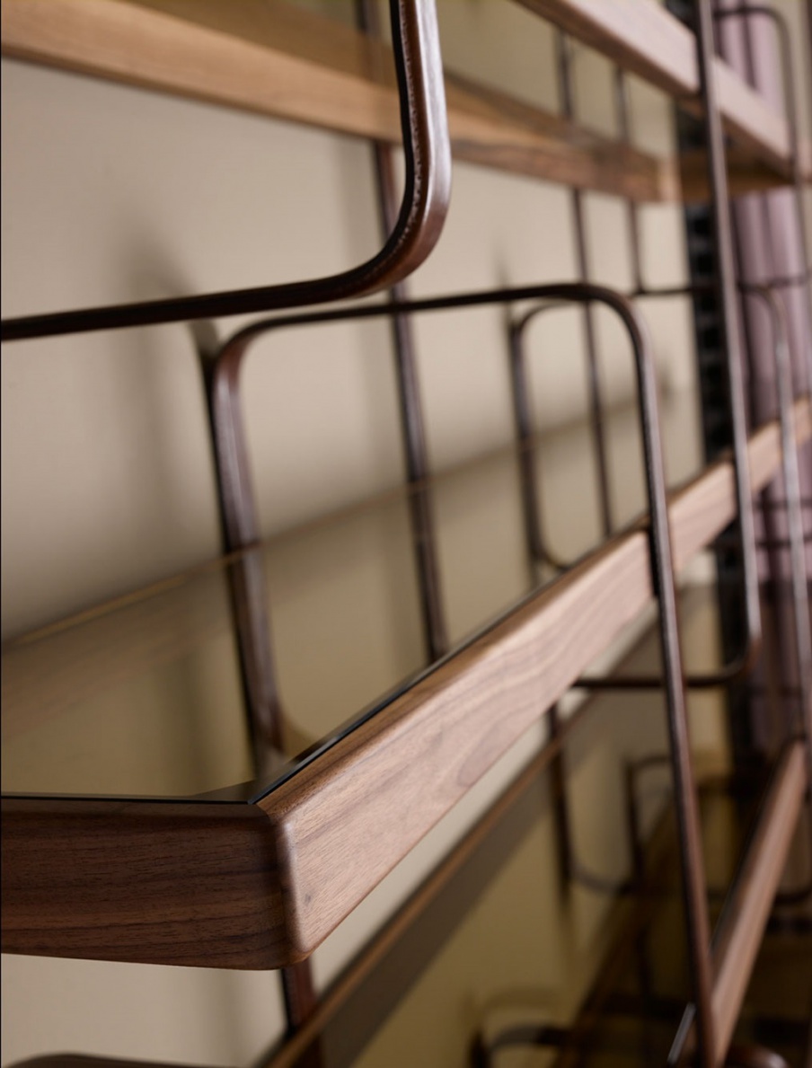 Shelving book wood and leather Harmony, Ulivi