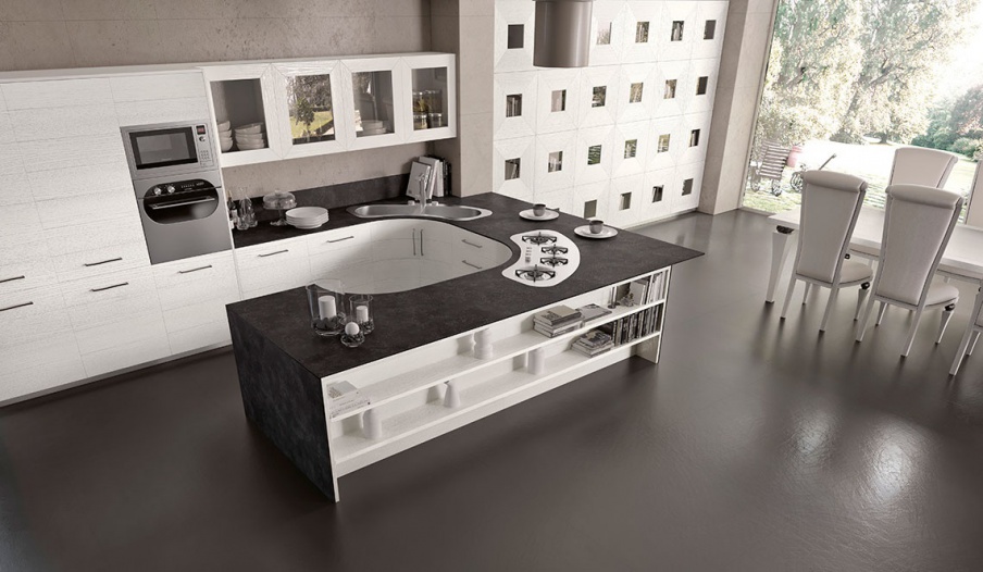 Set for the kitchen in white Theatre, MOD'...ART