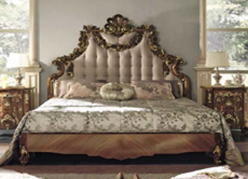 Double bed with tall carved headboard, Bianchini