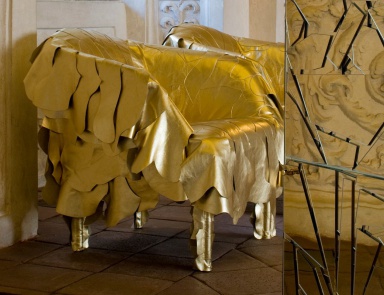 Seat upholstered in leather scraps from Leather Works, Edra