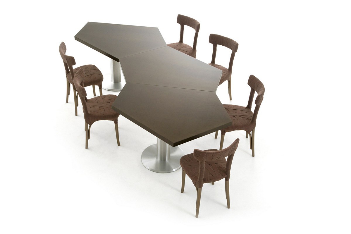 Dining table with irregular pentagonal table top with aluminum base