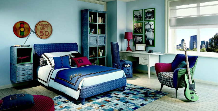 The bed in the upholstery fabric in blue Burton, Halley