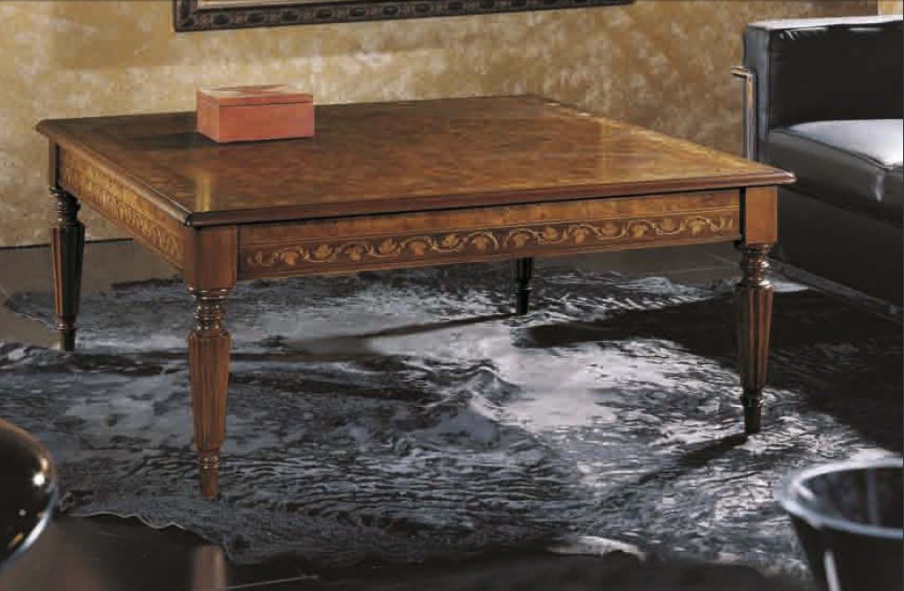 Coffee table on carved legs inlaid Intarsio, Arve Style