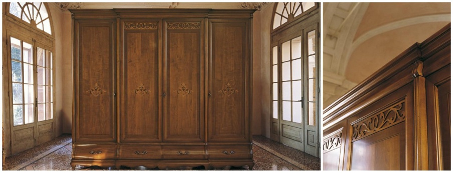 Wardrobe 4 door with carving and inlay Fenice, Arve Style