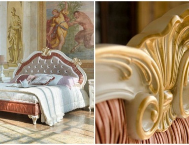 Bed with carved headboard in the stitch-Capito Villa, Arve Style