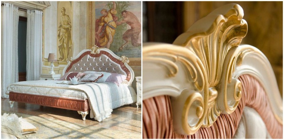 Bed with carved headboard in the stitch-Capito Villa, Arve Style