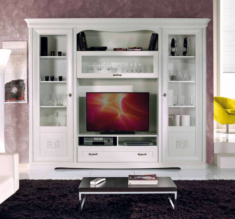 Shelf for TV with 2 doors in white lacquer Exclusive, Arve Style