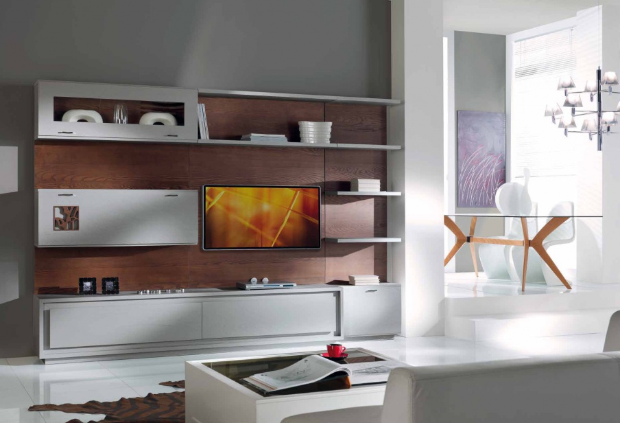 Modular system for TV in white lacquer and veneer Prima Classe, Arve Style