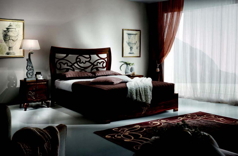 In veneer bed with tall carved headboard Chantal, Arve Style