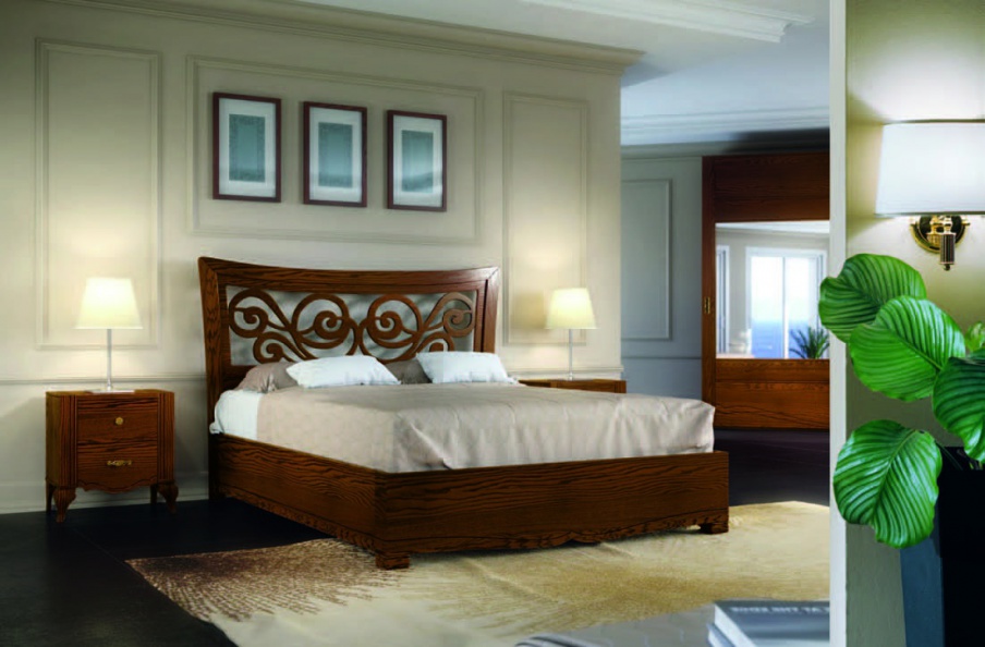 Bed in walnut veneer with carved headboard Chantal, Arve Style