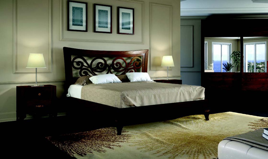 Bed with carved headboard in the porous veneer walnut Chantal, Arve Style