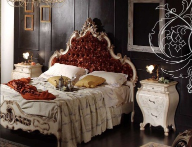 Bed with high carved sglover in upholstery textiles from Persia, Arve Style