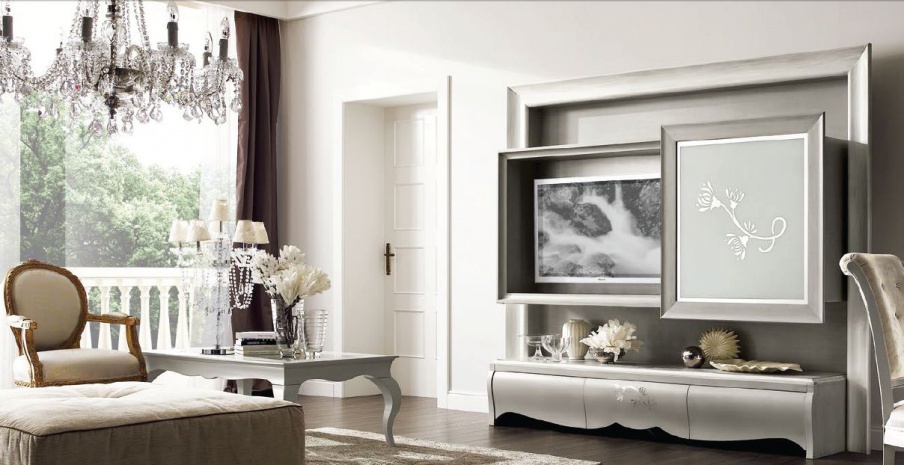 Rack for TV with panel made of solid wood and glass New Romantic, Arve Style