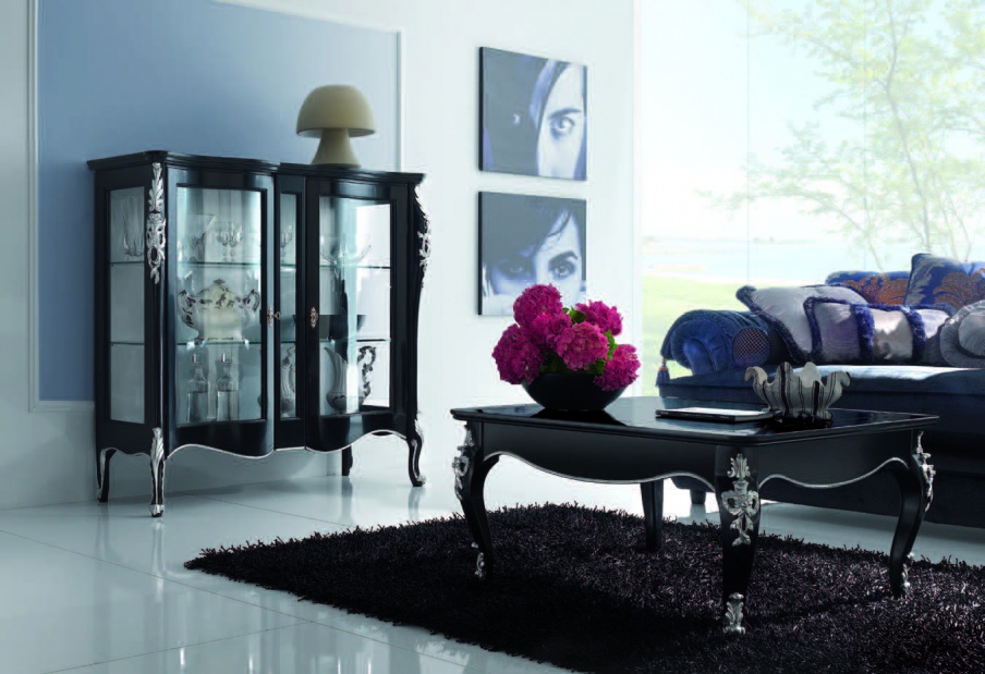 Sofa set in a black lacquer with carvings in silver Venere, Arve Style