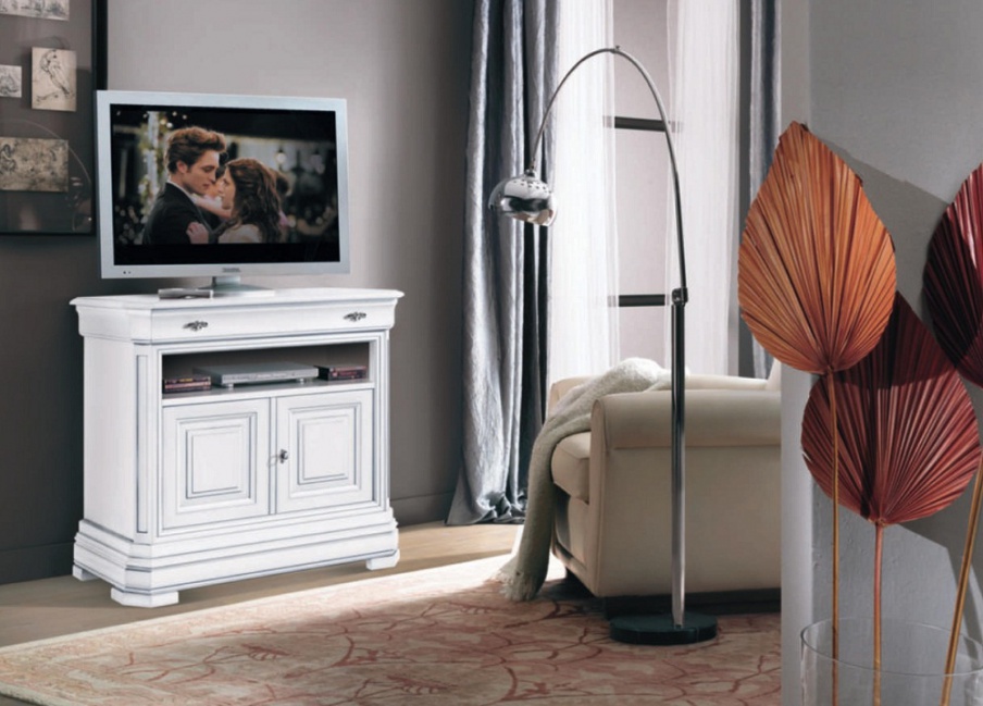 Cabinet for TV in white lacquer with drawer Amalfi, Arve Style