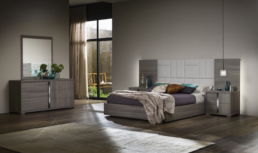 Set for bedroom in oak veneer and leather Tivoli Gaia, Alf