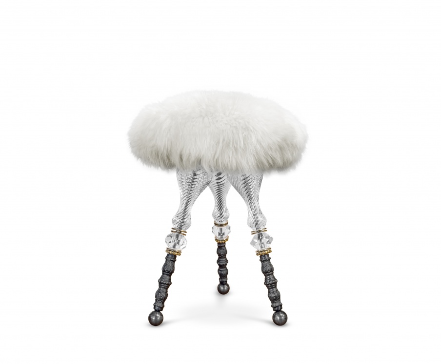 Ottoman on high legs in fur lamb Cometti, Luna Bella