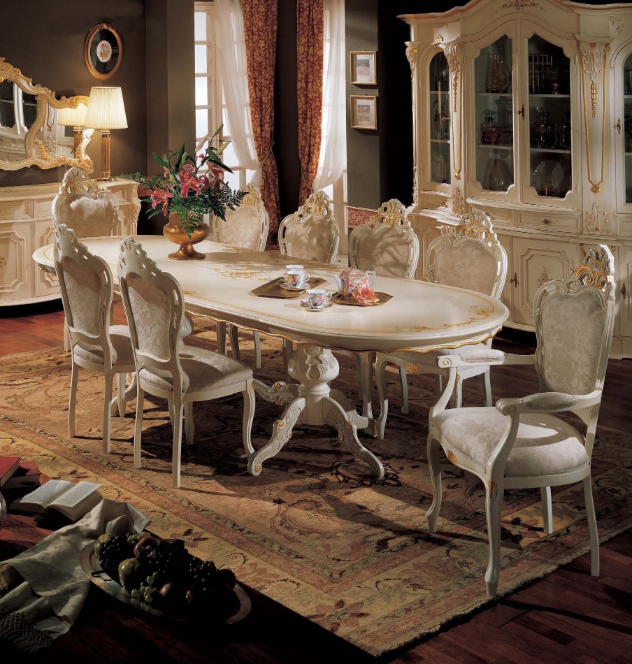 Dining room (dining set) with decorative carved chairs, Mirandola Export