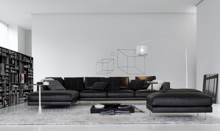 Modular sofa in leather / textile upholstery, BRIAN - JESSE